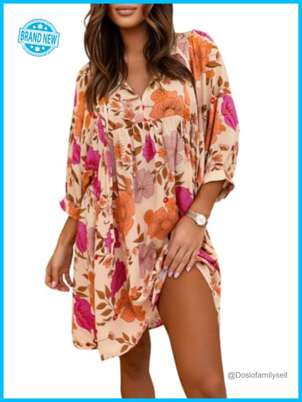 Womens V Neck Half Sleeve Floral Mini Tunic Dress